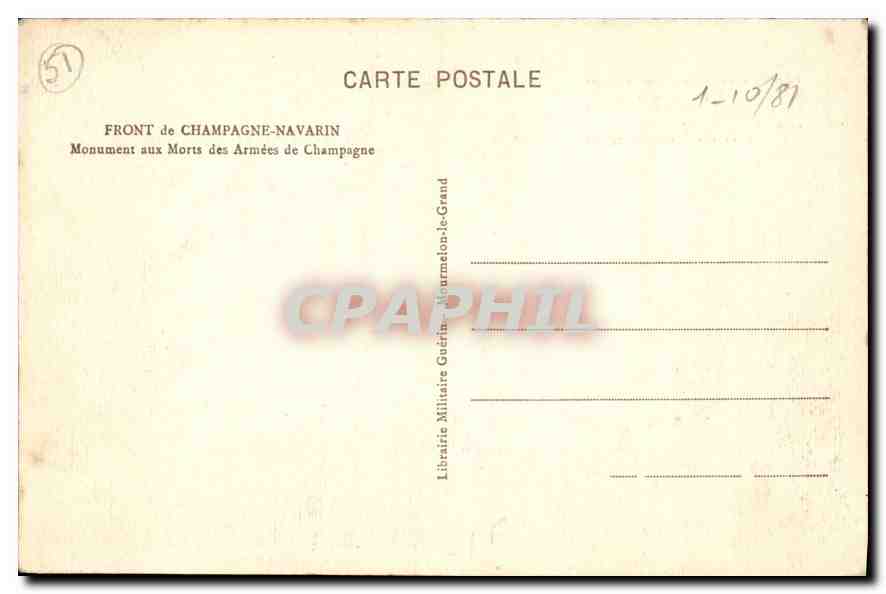 CPA Front de Champagne Navarin Monument aux Morts des Armes de Champagne  — Rückseite