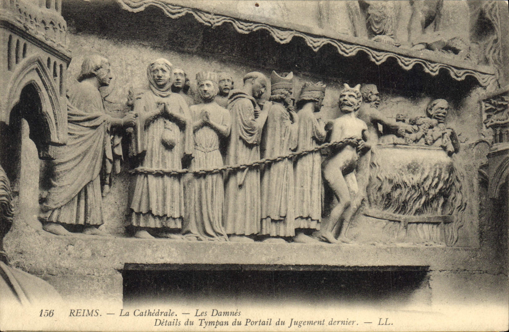 Reims — La Cathédrale — Les Damnés, Détails du tympan du Portail du Jugement dernier — LL. — n° 156