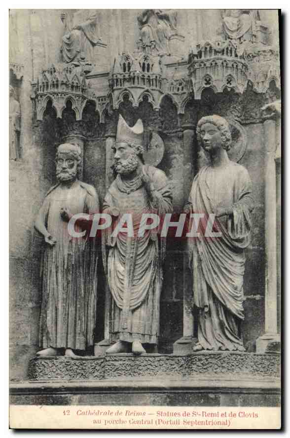 Cathédrale de Reims — Statues de St-Remi et de Clovis au porche Central (Portail Septentrional)