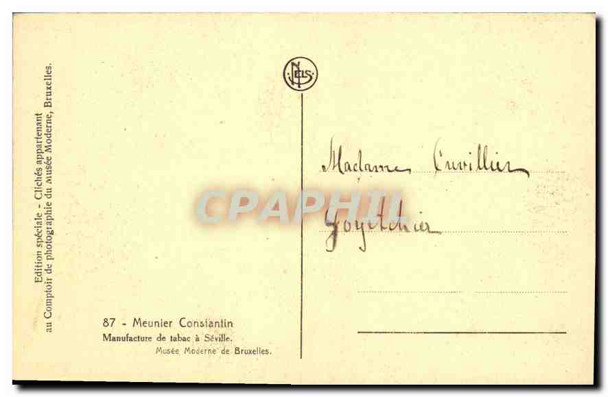 Scène de manufacture de tabac à Séville — Édition spéciale du Comptoir de photographie du musée Moderne — Meunier Constantin, Bruxelles — Rückseite