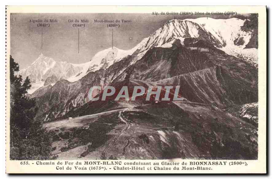 Chemin de Fer du Mont-Blanc conduisant au Glacier de Bionnassay — Vue des Aiguilles du Midi, Col du Midi, Mont-Blanc du Tacul — L. Marsaud, phot. -édit. - Megève (Haute-Savoie)