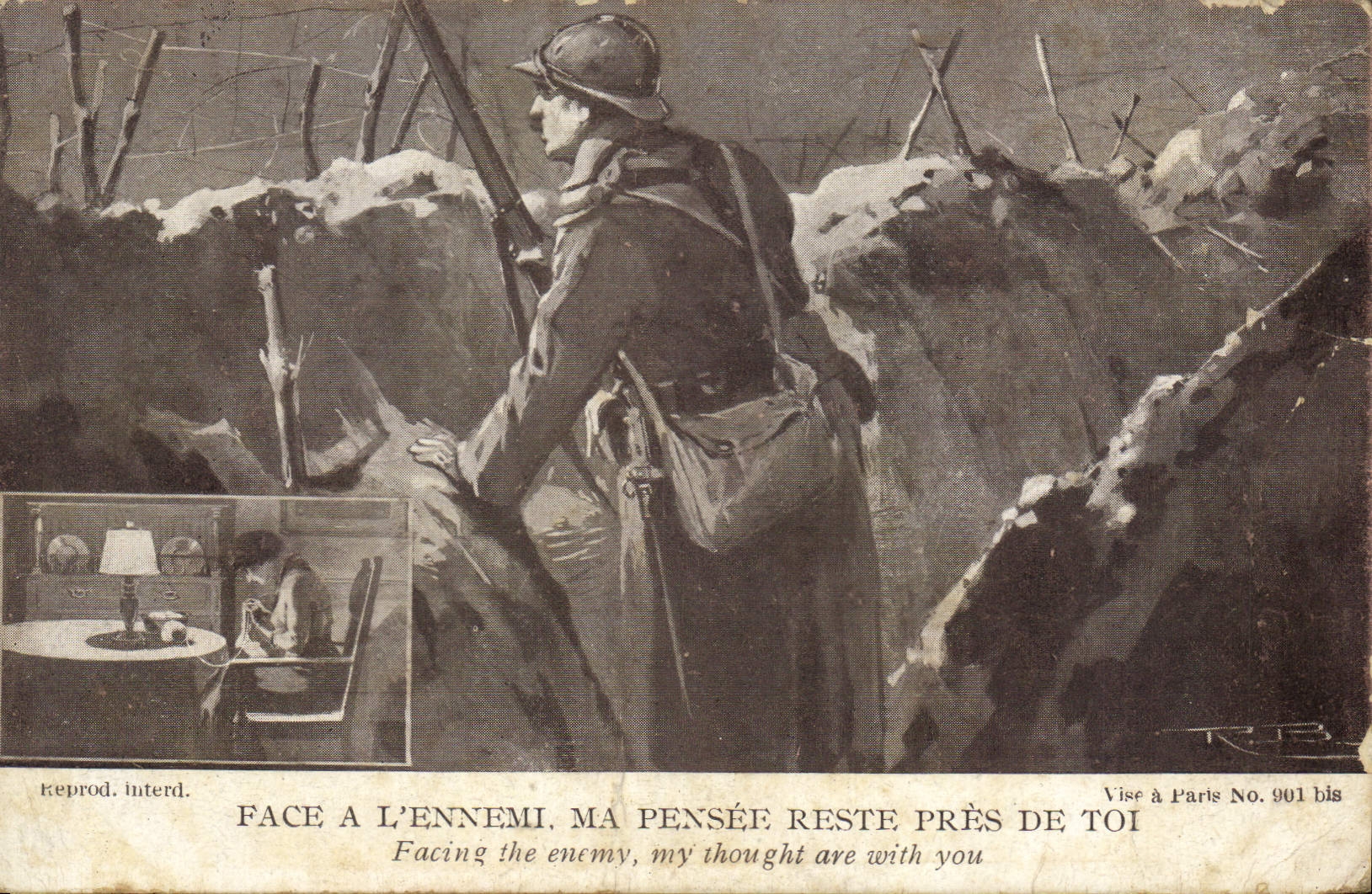 Soldat en première ligne — scène de guerre avec insert de femme à la lampe — Vise à Paris No. 901 bis