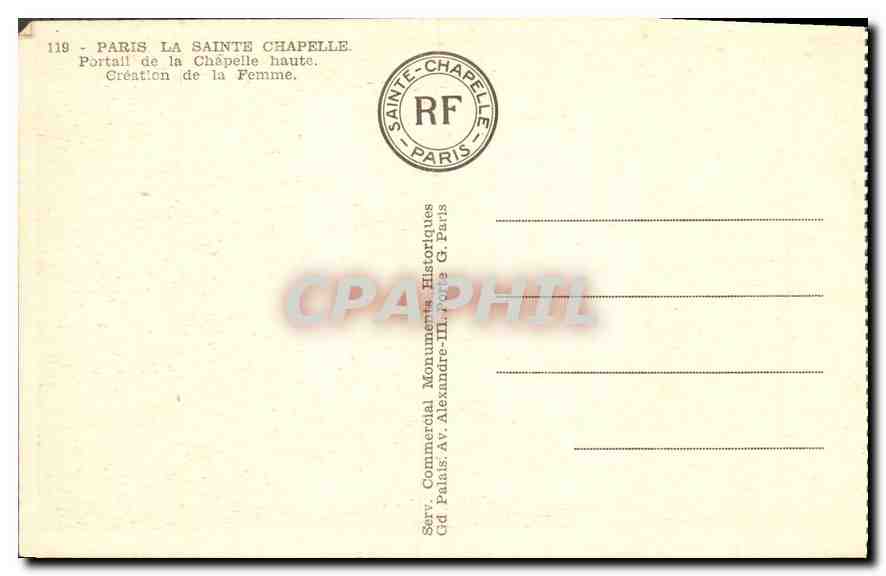 CPA Paris La Sainte Chapelle Portail de la Chapelle haute Creation de la Femme  — Verso