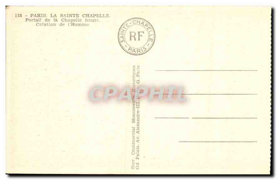 CPA Paris La Sainte Chapelle Portail de la Chapelle haute Creation de l'Homme  — Verso
