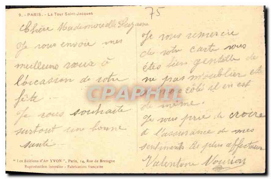 CPA Paris La Tour Saint Jacques  — Verso