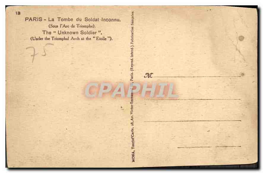 CPA Paris La Tombe du Soldat Inconnu Sous l'Arc de Triomphe  — Rückseite