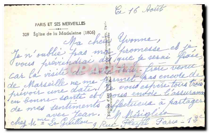 CPA Paris Eglise de la Madeleine  — Verso