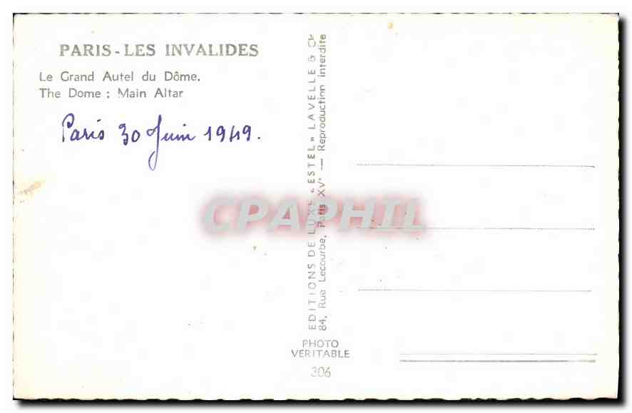 CPA Paris Les Invalides Le Grand Autel du Dome  — Rückseite