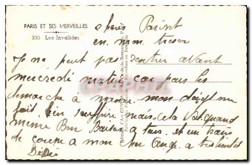 CPA Paris Les Invalides  — Verso
