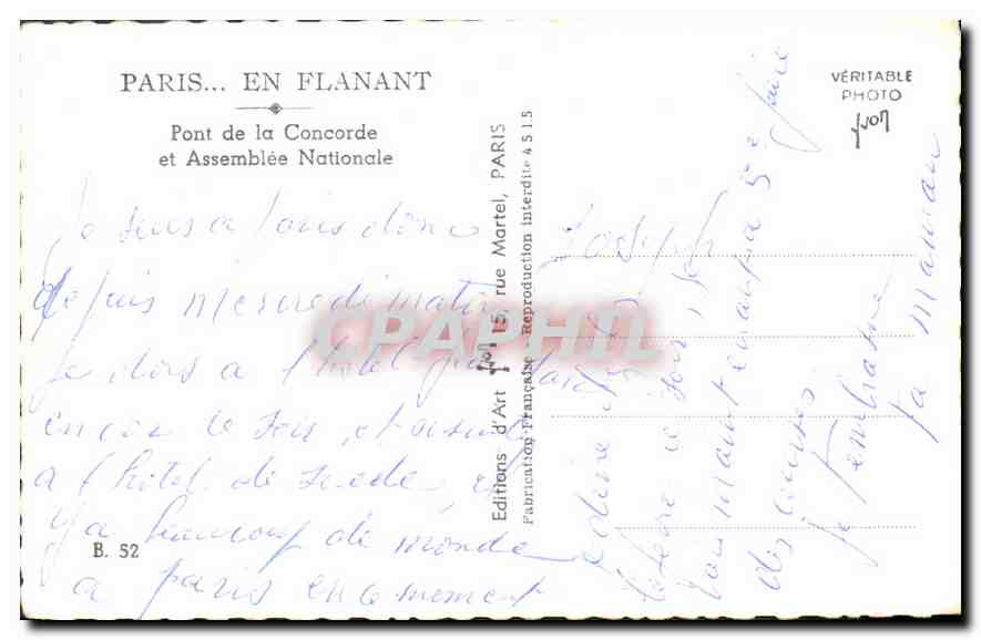 CPA Paris Pont de la Concorde et Assemblee Nationale  — Rückseite