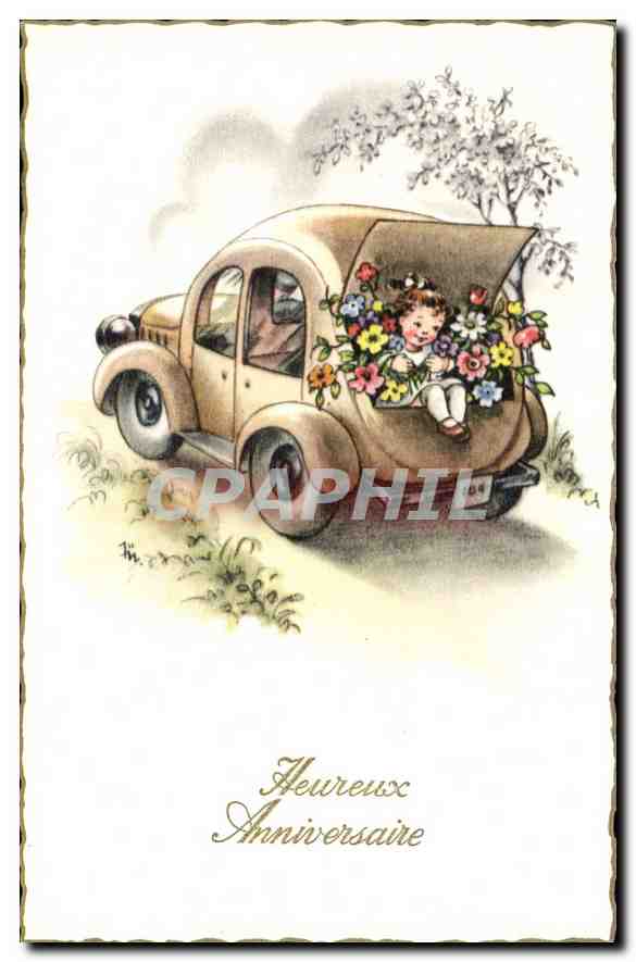 CPA Heureux Anniversaire Enfant Automobile Fleurs