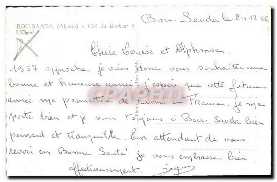 CPA Bou Saada Algerie Cite du Bonheur L'Oued  — Rückseite