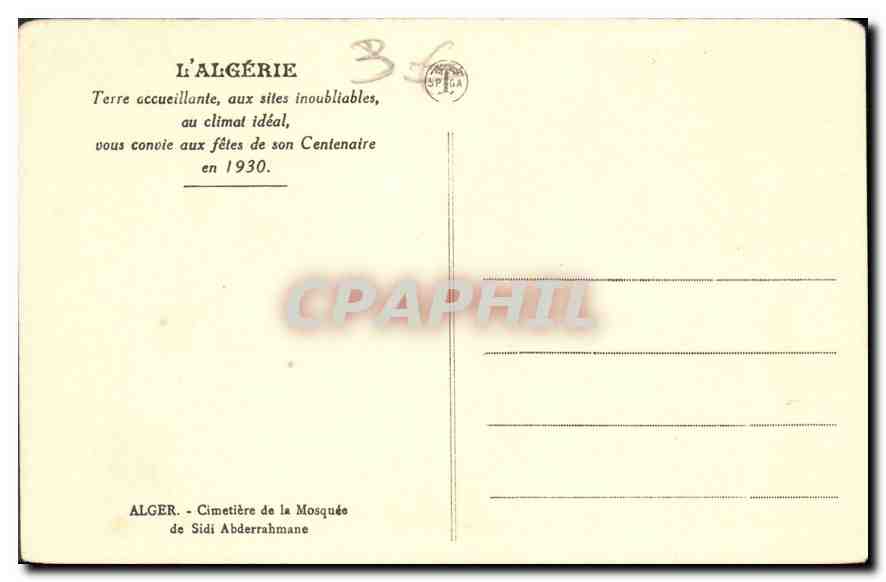 Cimetière de la Mosquée de Sidi Abderrahmane — Algérie — éditeur SPICA, n°36 — Verso