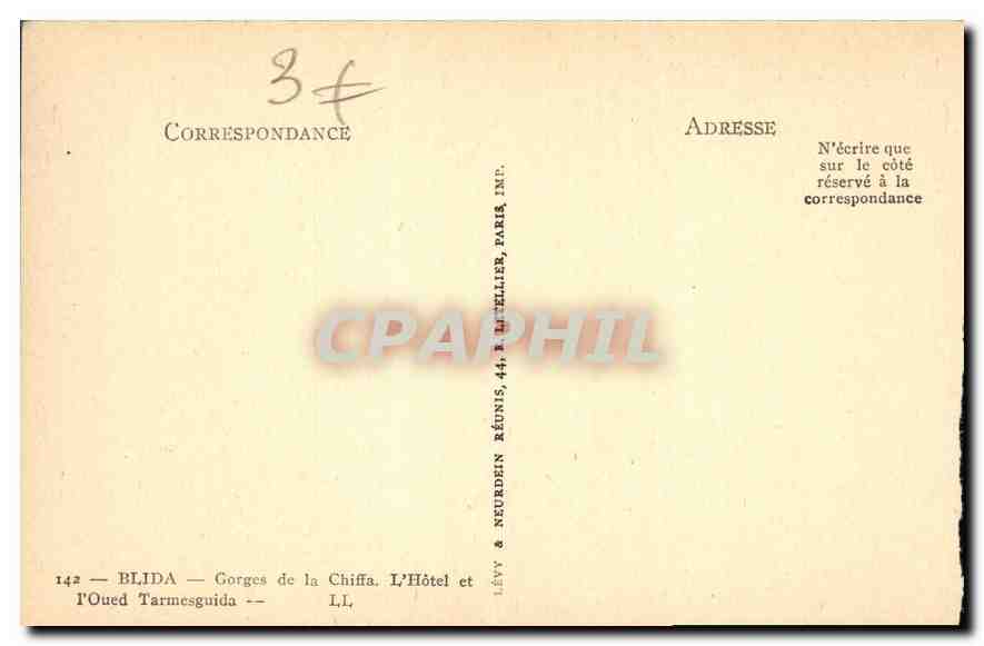 CPA Blida Gorges de la Chiffa L'Hotel et l'Oued Tarmesguida  — Rückseite