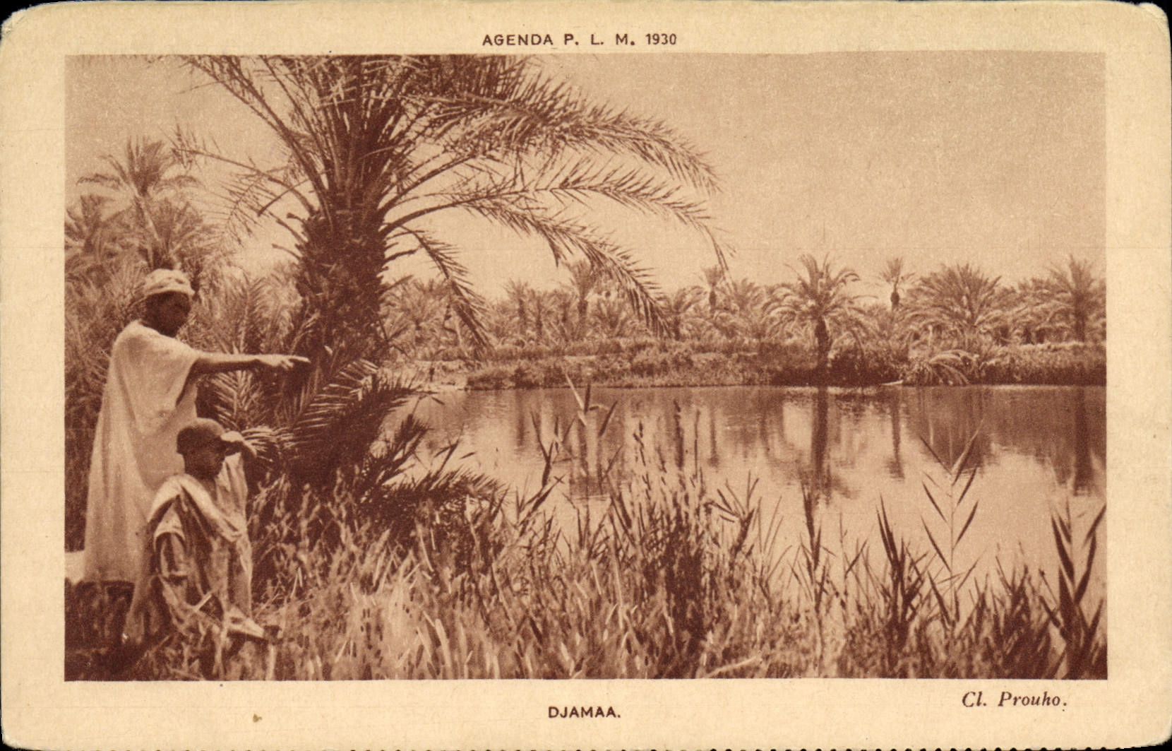 Djamaa — paysage avec palmiers et étang — Agenda P. L. M. 1930, Cl. Prouho