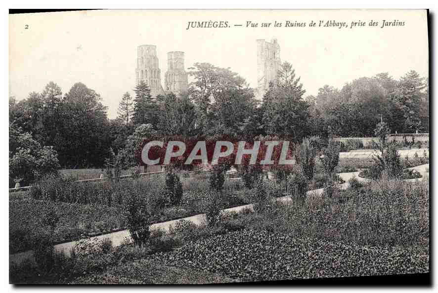 CPA Jumieges Vue sur les Ruines de l'Abbaye prise des Jardins 