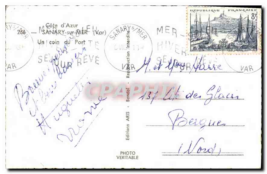 CPA Cote d'Azur Sanary sur Mer Var un coin du port  — Rückseite