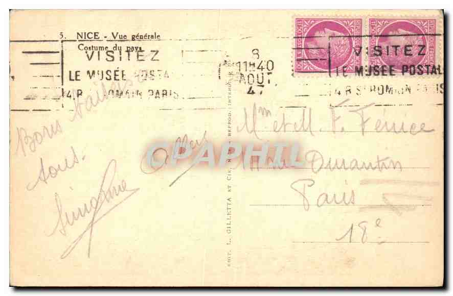 CPA Nice vue generale Costume du Pays  — Verso