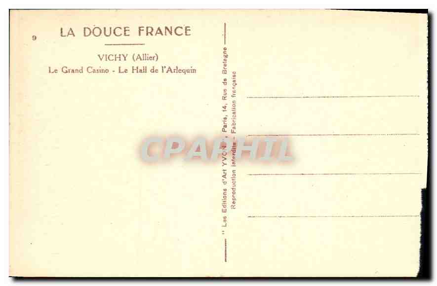 CPA Vichy Allier le Grand Casino le Hall de l'Arlequin  — Verso