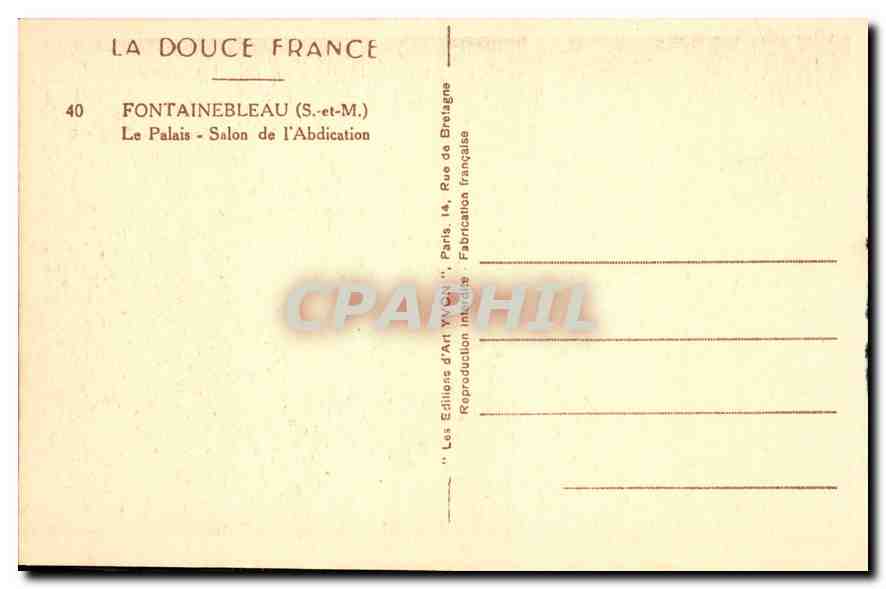 Tarjeta postal antigua Fontainebleau S y M el Palacio Salón de la Abdicación — Reverso