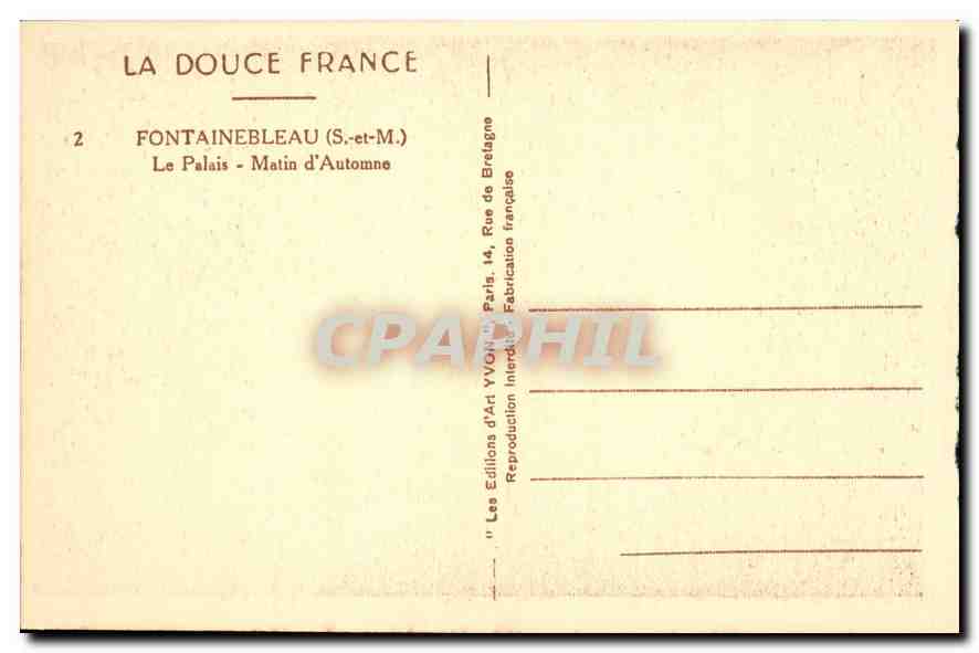 Tarjeta postal antigua Fontainebleau S y M el Palacio Mañana de Otoño — Reverso