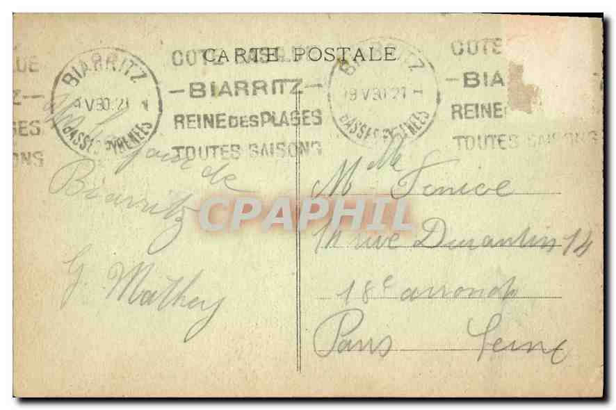 CPA Biarritz B P Grande Plage Hotel du Palais et Cote du Phare  — Verso