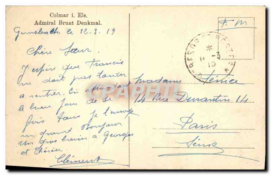 CPA Colmar I Els Admiral Bruat Denkmal  — Rückseite