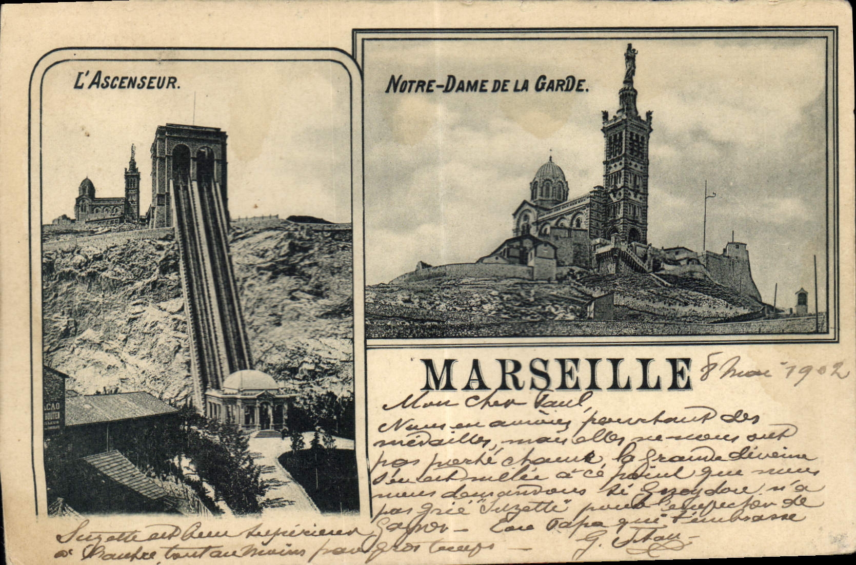 Tarjeta postal antigua Marsella el Ascensor Notre Dame de la Garde