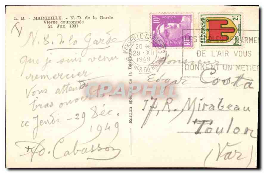 CPA Marseille N D de la Garde Vierge Couronnee 21 Juin 1931  — Rückseite