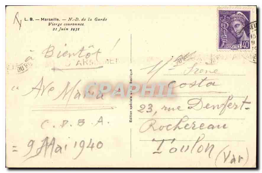 CPA Marseille N D de la Garde Vierge Couronnee 21 Juin 1931  — Rückseite