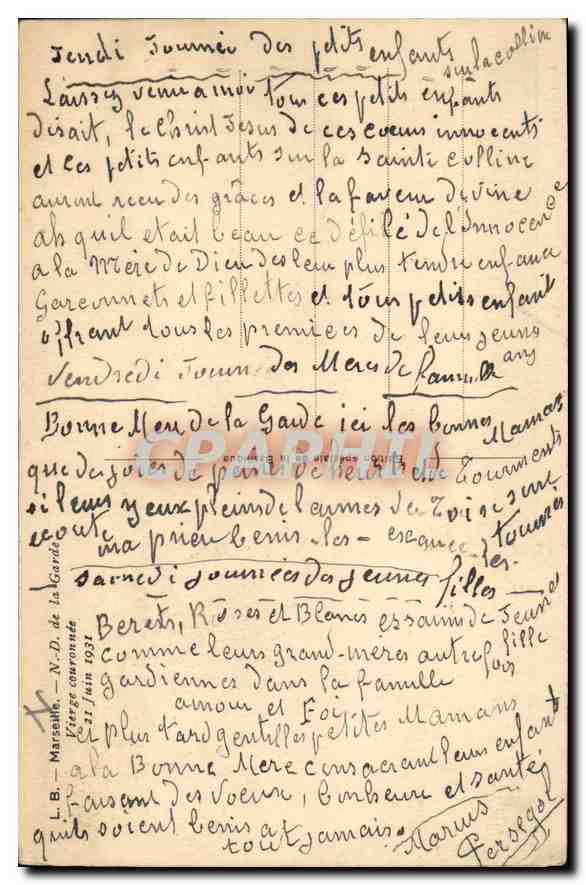 CPA Marseille N D de la Garde Vierge Couronnee 21 Juin 1931  — Rückseite