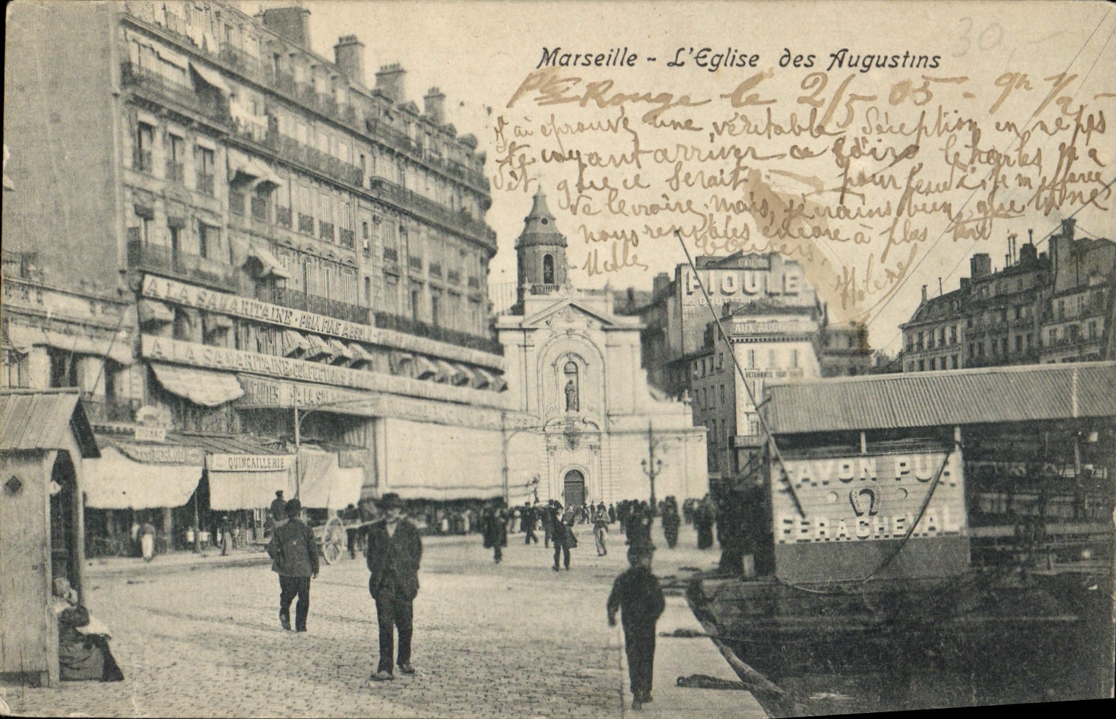 Marseille - L'Église des Augustins — vue de la rue avec commerces et bateau — éditeur non identifié, n° de série 30