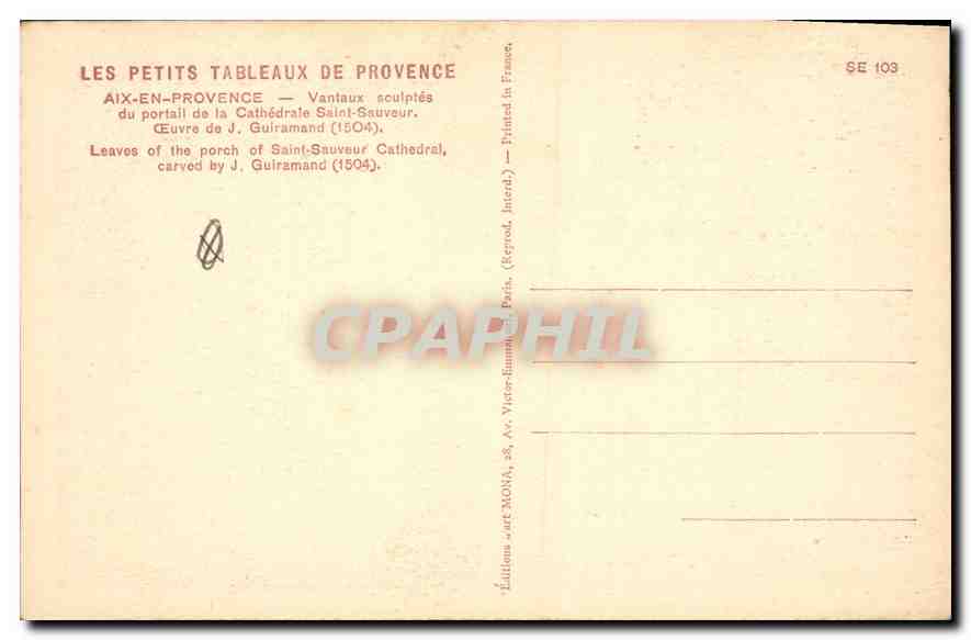 Aix-en-Provence — Portail de la Cathédrale Saint-Sauveur — Éditeur Mona, n° SE 103 — Verso