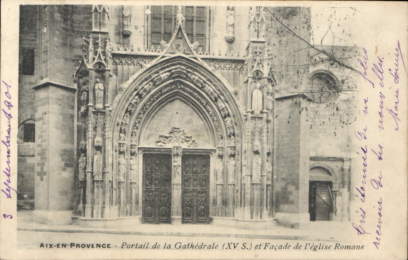 Aix-en-Provence — Portail de la Cathédrale (XV S.) et Façade de l'église Romane — éditeur non identifié