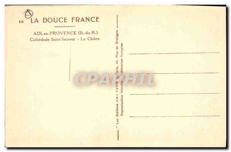 Aix-en-Provence — Cathédrale Saint-Sauveur — Le Cloître — Éditions d'Aix YVON — Verso