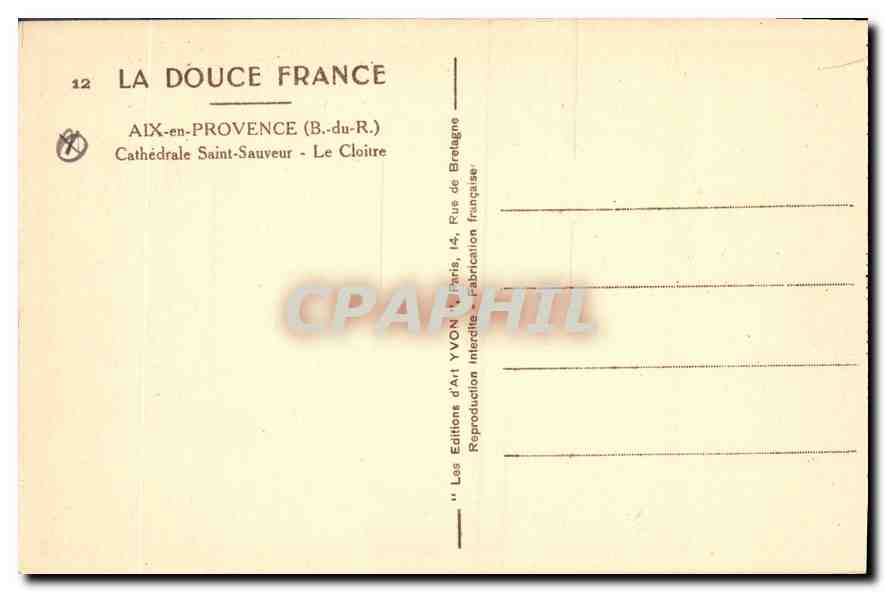 Aix-en-Provence — Cathédrale Saint-Sauveur — Le Cloître — Éditions d'Art YVON — Rückseite