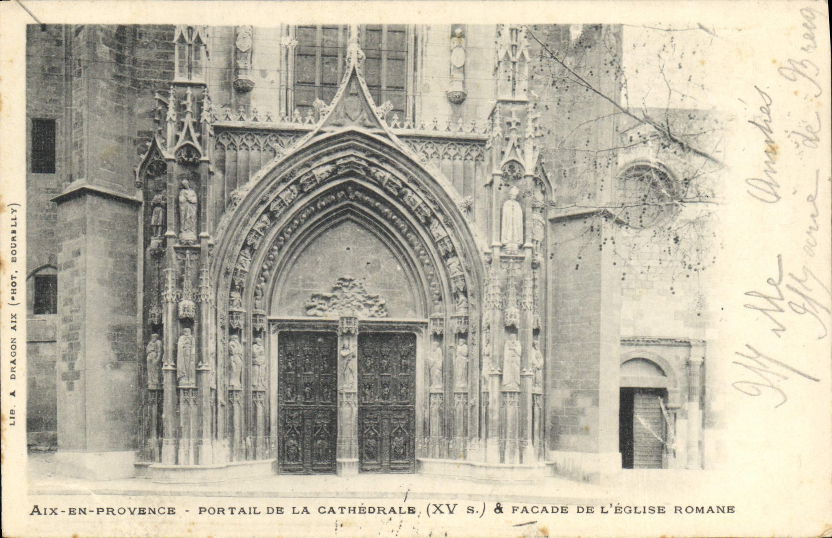 Aix-en-Provence — Portail de la cathédrale (XV s.) & façade de l'église romane — Lib. A. Dragon Aix (Phot. Bournelly)