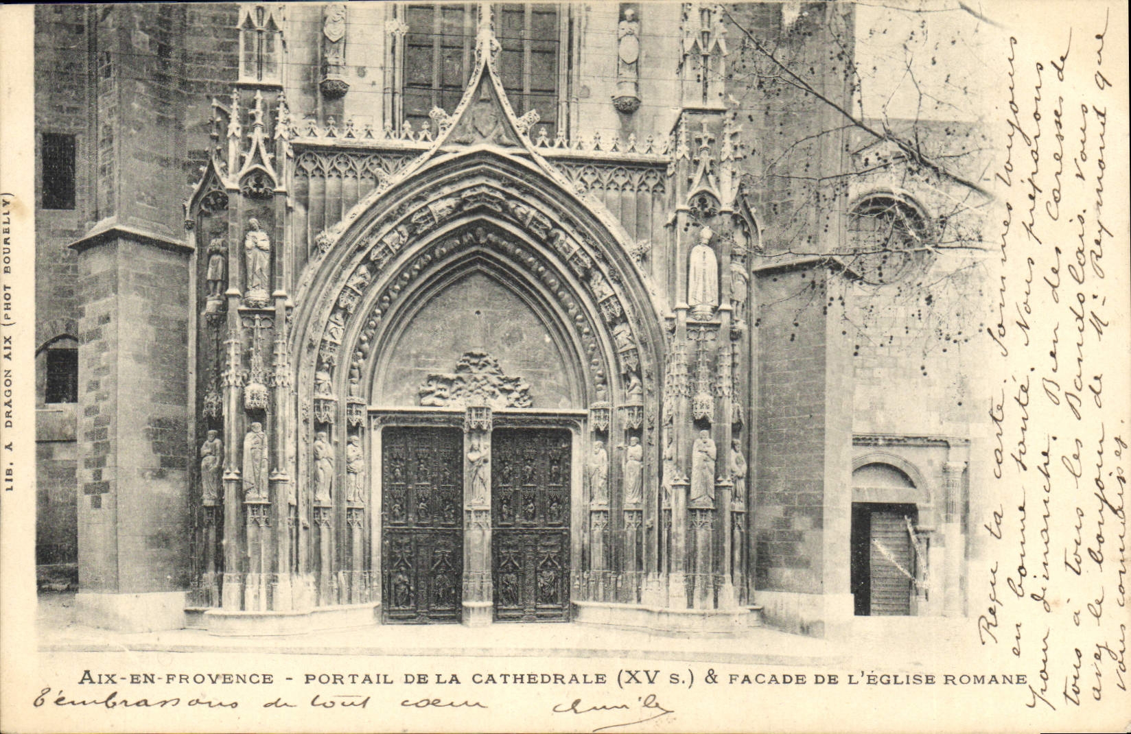 Aix-en-Provence — Portail de la cathédrale (XV s.) & façade de l'église romane — Lib. A. Dragon Aix (Phot. Bournel)