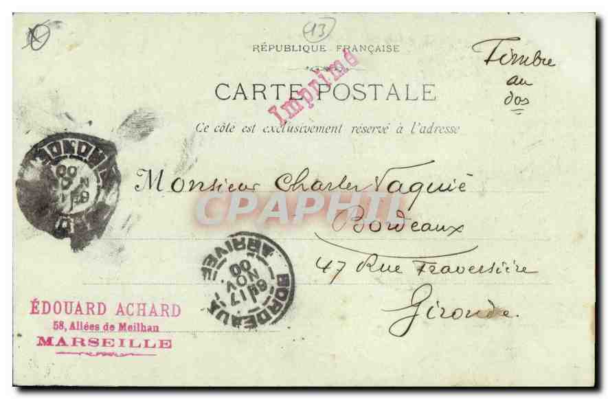 CPA Marseille La Mairie  — Verso