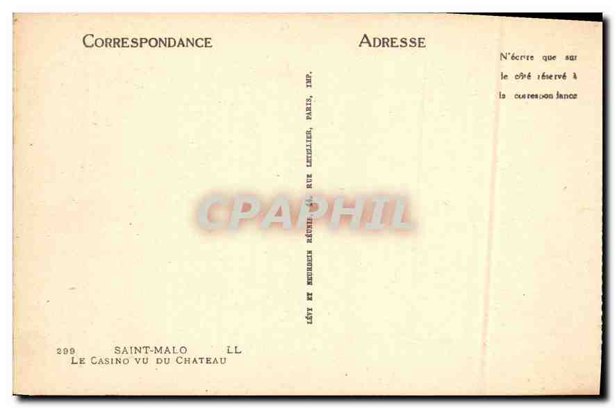 Saint-Malo — Le Casino vu du Château — Éditeur : R. Le Tellier, Paris — Verso