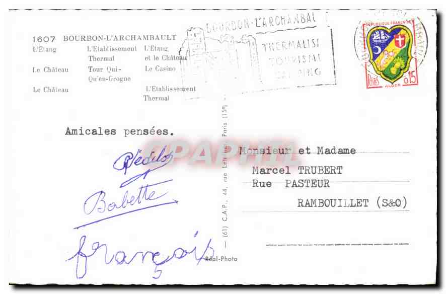 CPA Bourbon L'Archambault L'Etang L'Etablissement Thermal Le Chateau Tour Qui Qu'en Grogne le Casino — Verso