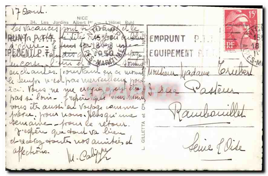 CPA Nice Les Jardins Albert I L'Hotel Ruhi  — Verso