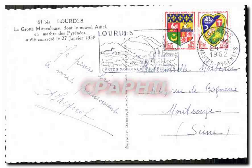 CPA Lourdes La Grotte Miraculeuse dont le nouvel en marbre des Pyrenees  — Rückseite