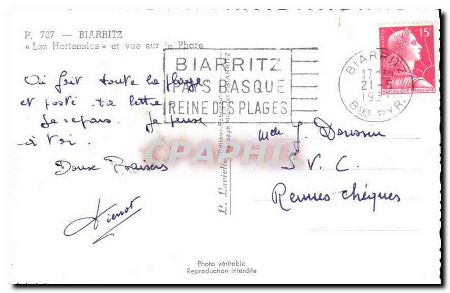 CPA Biarritz Les Hortensias et vue sur le Phare  — Verso