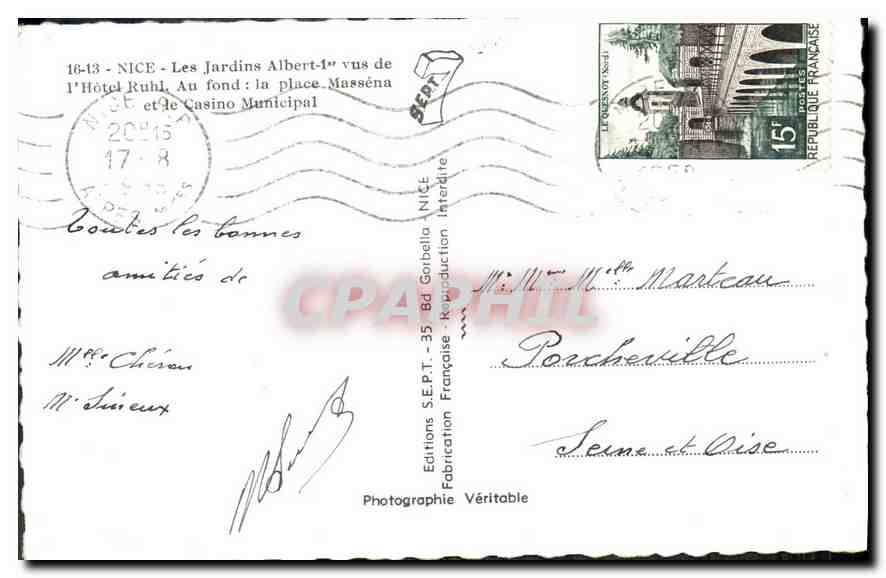 CPA Nice Les Jardins Albert 1st Vus de l'Hotel Ruhl Au fond la place Massena et le Casino Municipal  — Rückseite