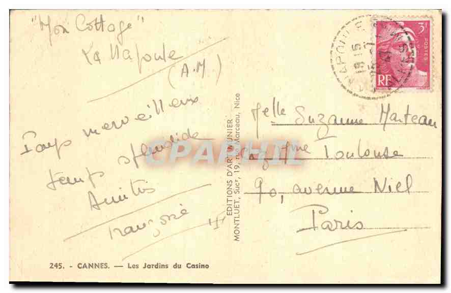 CPA Cannes Les Jardins du Casino  — Rückseite