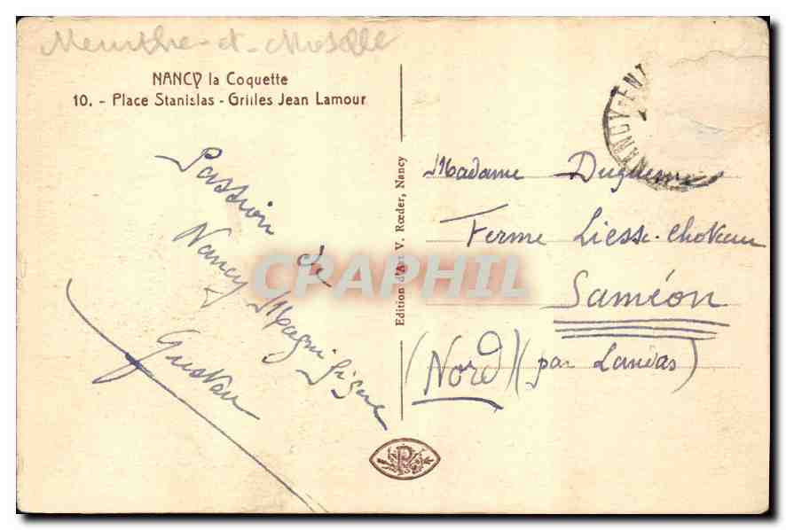 NANCY. Grilles Jean Lamour — Éditeur V. Roder, n° 10 Place Stanislas — Verso