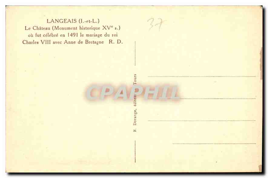 CPA Langeais Le Chateau ou fut celebre en 1491 le mariage du roi Charles VIII avec Anne de Bretagne  — Verso
