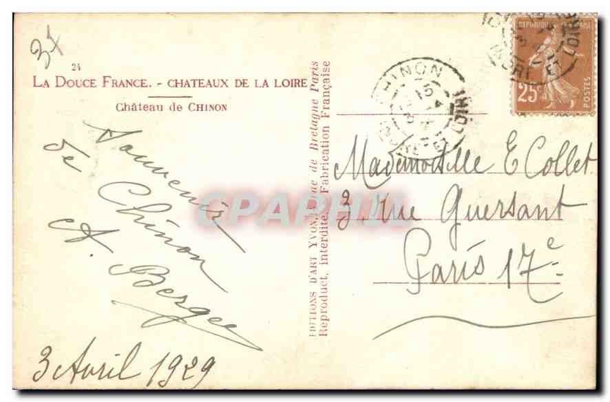 CPA Chateaux de le Loire Chateau de Chinon  — Rückseite