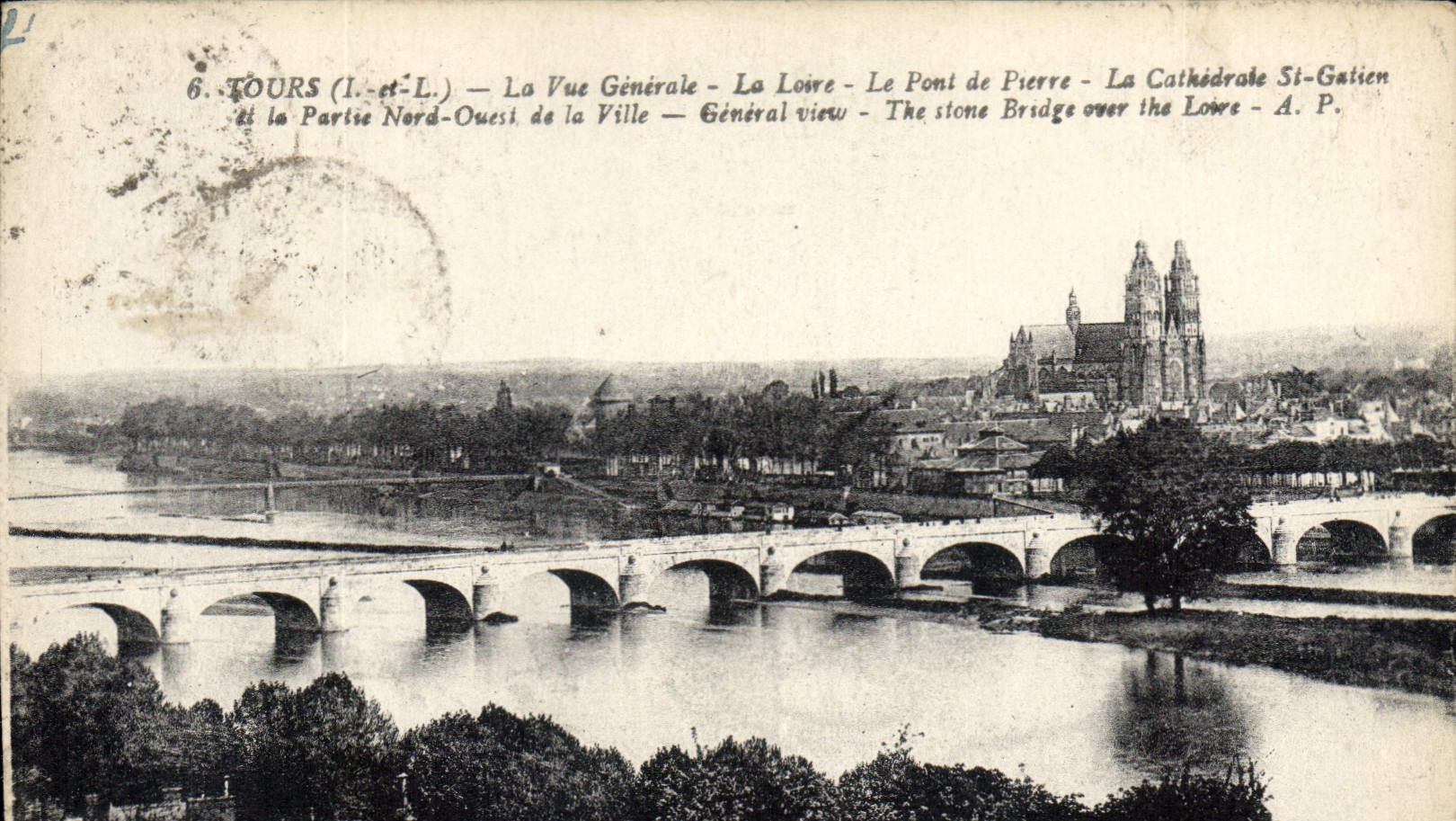 CPA Tours La Vue Generale Le Loire Le Pont de Pierre La Cathedrale St Gatien et la Paris Nord Ouest 